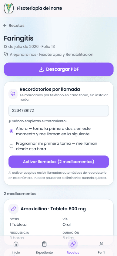 Receta en el portal del paciente, con recordatorios por llamada